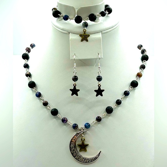 Handmade Moon & Star Necklace Set with Natural Tiger Eye and Lava Rock Stones! - Picture 5 of 13